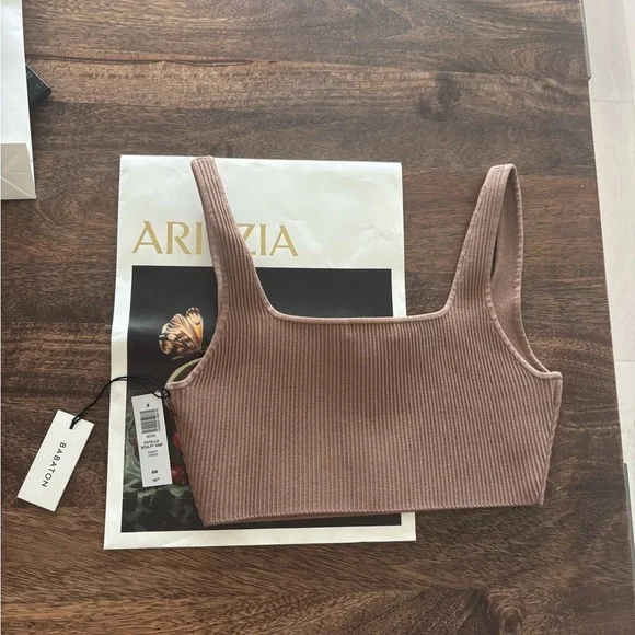 NWT Aritzia Babaton Estelle Sculpt Notch Knit Crop Top in Toasty Chaud - Picture 2 of 4